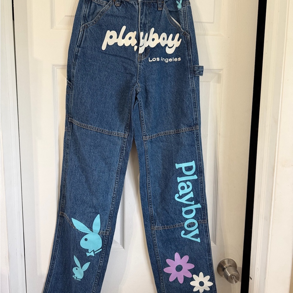 PLAYBOY Blue Denim Pants with Graphic Accents